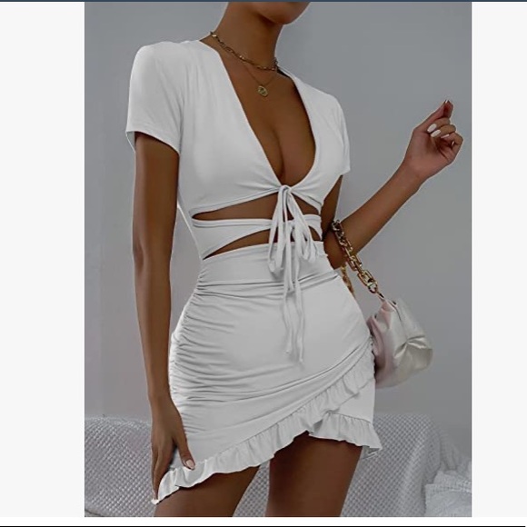 Womens Cut Out Ruffle Ruched Bodycon Mini Tie Front Wrap mini Short Dress (BNIP) - Picture 3 of 5